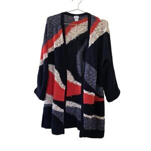Chico's Open Front Cardigan Patriotic Colorblock Knit Sweater Womens M Blue Red